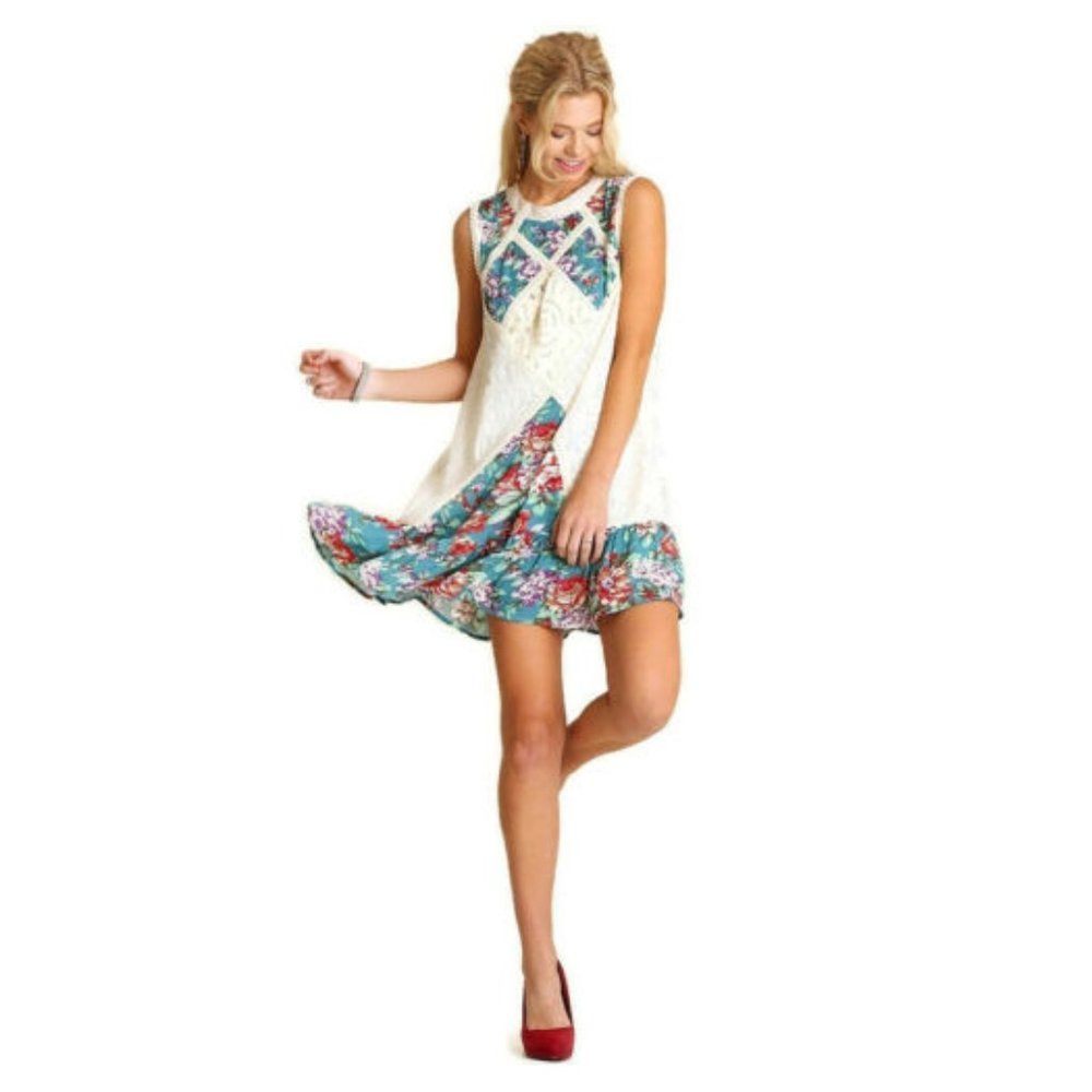 Umgee USA H2183 Womens Floral Lace Ruffle Dress -- Jade Green NEW